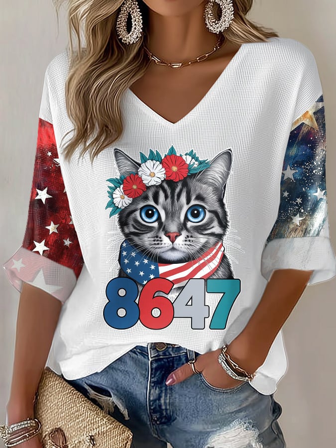🔥Buy 3 Get 15% Off🔥V-Neck Retro Resist 8647 Cat And Flowers Print T-Shirt