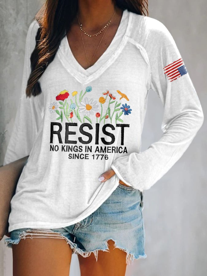 🔥Buy 3 Get 15% Off🔥V-neck Retro Resist No Kings In America Since 1776 Print T-Shirt