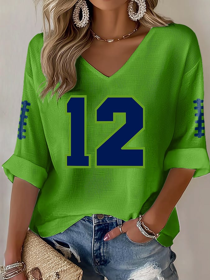 Women's Rugby Print Waffle Long Sleeve T-Shirt