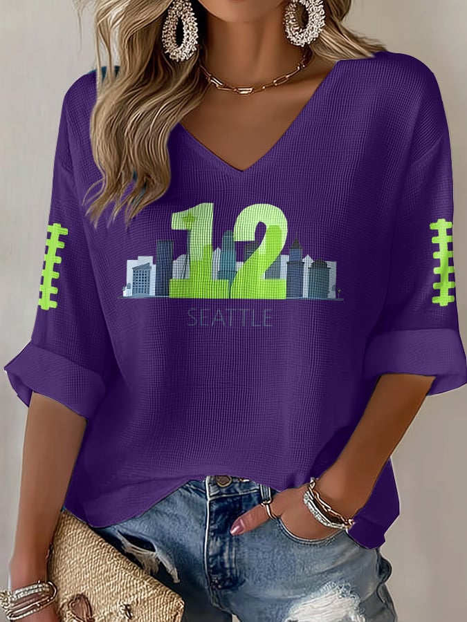 Women's Rugby Print Waffle Long Sleeve T-Shirt