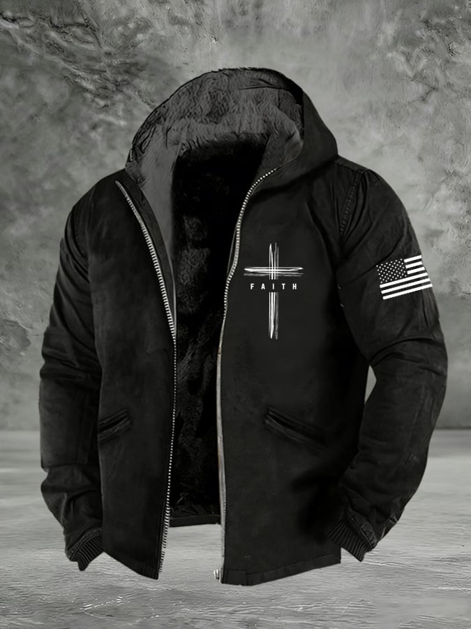 Men's Retro Faith Cross Print Zipper Fleece Jacket