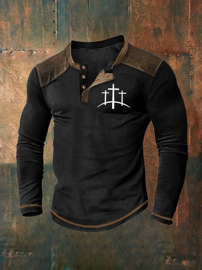 Men's Cross Printed Henley Collar Shirt