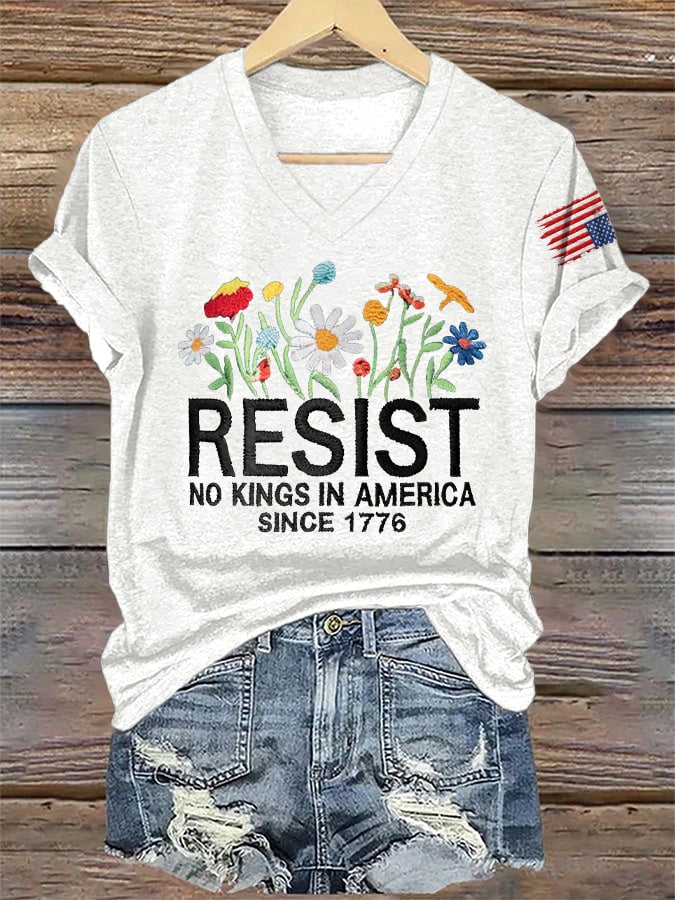 🔥Buy 3 Get 15% Off🔥V-Neck Retro Resist No Kings In America Since 1776 Print T-Shirt