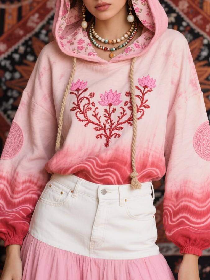 Women's Casual Breast Cancer Awareness Floral Ombre Print Sweatshirt