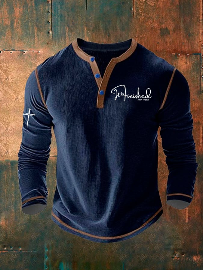 Men'S It is Finished Print Henley Collar Shirt