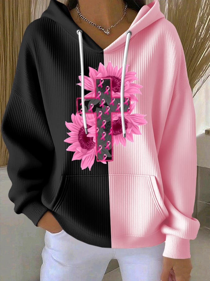 Women's Casual Pink Floral Ribbon Textured Contrast Hoodie