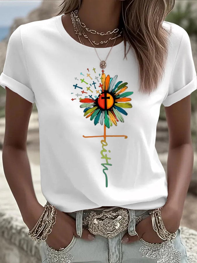 Women's Faith Sunflower Print Crew Neck Casual T-shirt