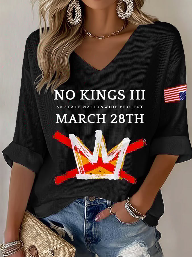 🔥Buy 3 Get 15% Off🔥V-Neck Retro No Kings III 50 State Nationwide Protest March 28th Print T-Shirt