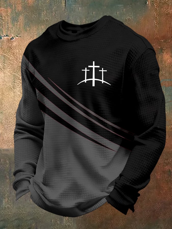 Men's Retro Faith Design Printed Waffle Fabric Long Sleeve T-Shirt