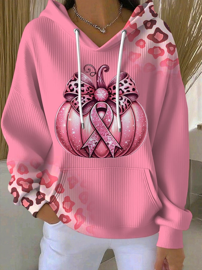 Women's casual pink leopard print ribbon pumpkin texture hoodie