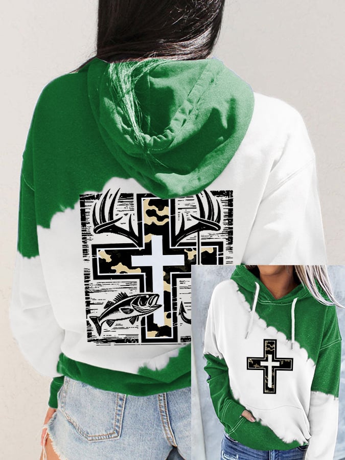 Women's Retro Faith Fishing Hunting Print Hoodie