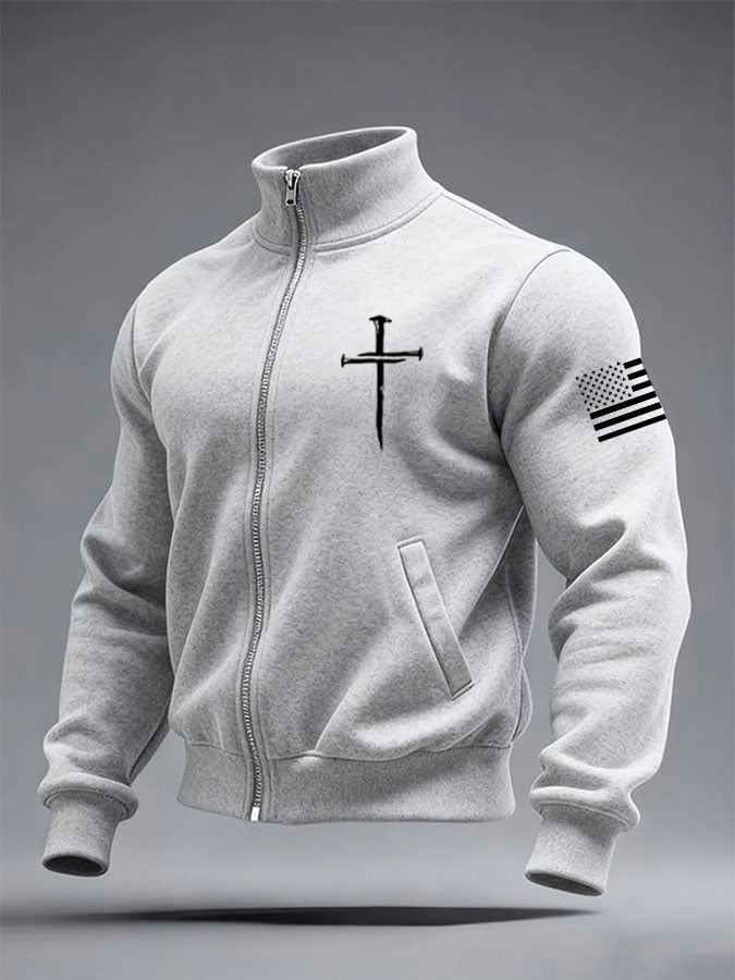 Men's Faith Cross Print Stand Collar Pocket Sweatshirt