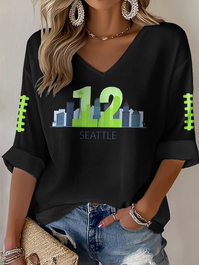 Women's Rugby Print Waffle Long Sleeve T-Shirt