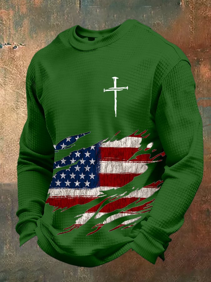 Men's Retro Faith Design Printed Waffle Fabric Long Sleeve T-Shirt