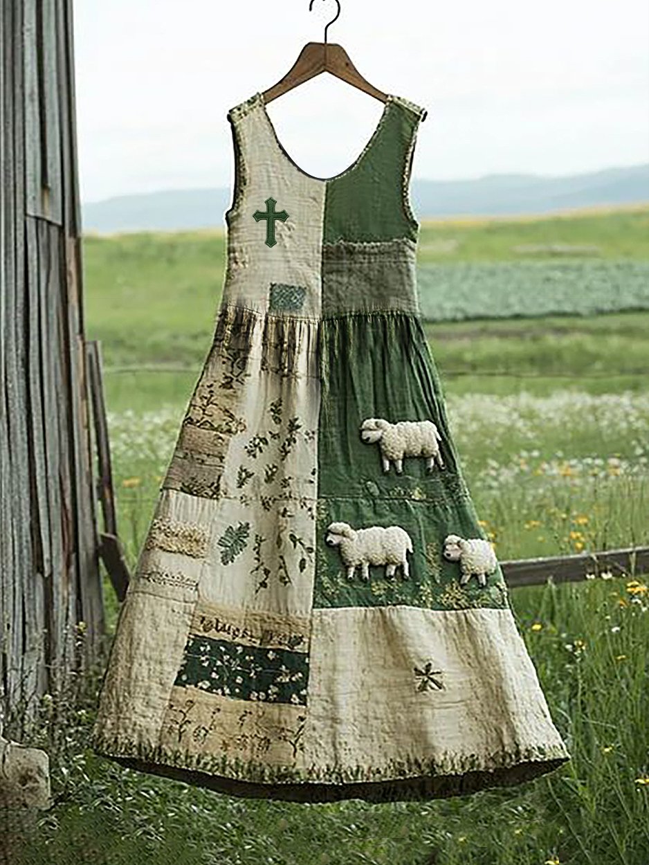 Women's Cute Lamb In The Grassland Sleeveless Round Neck Dress