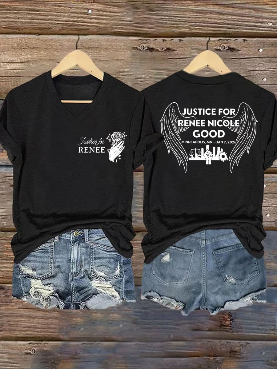 V-Neck Retro Wings Justice For Renee Nicole Good Print T-Shirt