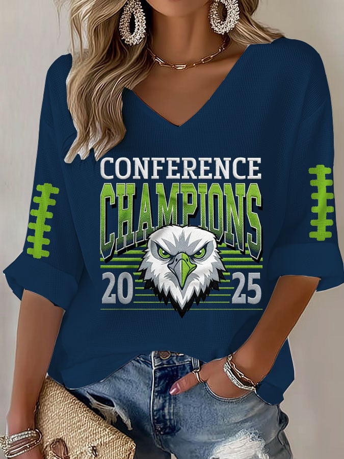 Women's Football Print Waffle Long Sleeve T-Shirt