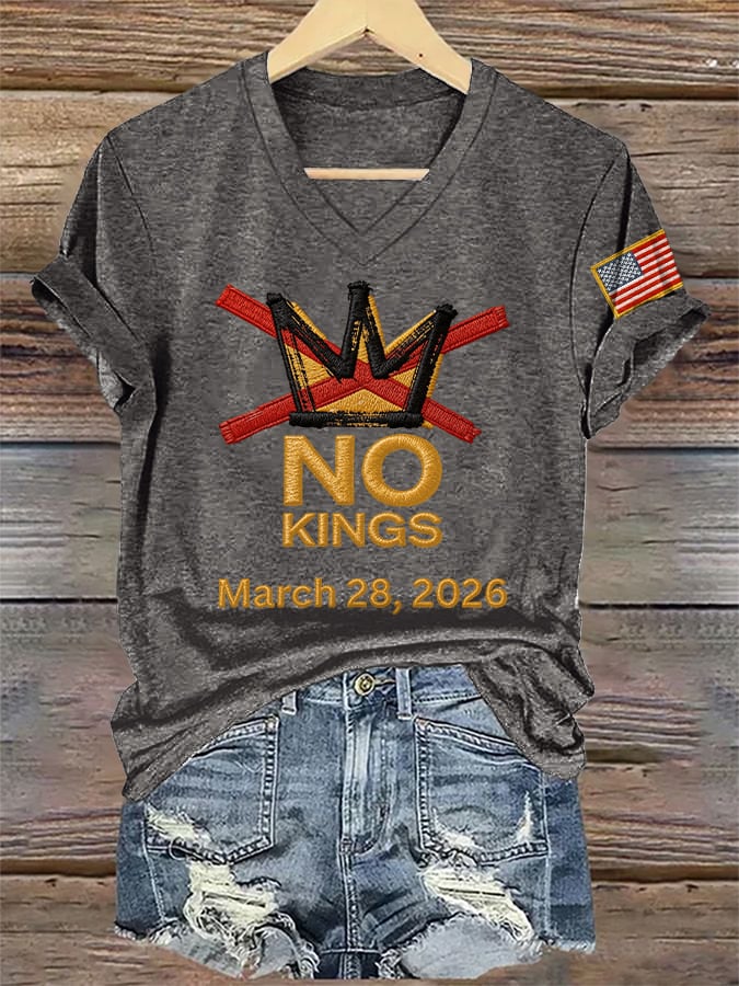 🔥Buy 3 Get 15% Off🔥V-Neck Retro No Kings Day March 28 2026 Print T-Shirt