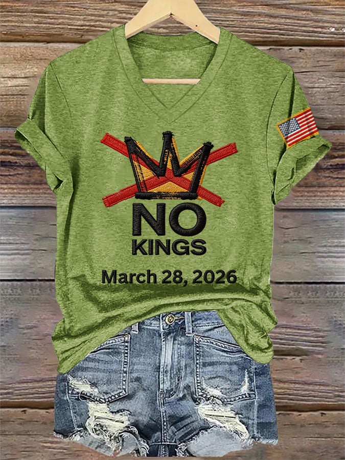 🔥Buy 3 Get 15% Off🔥V-Neck Retro No Kings Day March 28 2026 Print T-Shirt