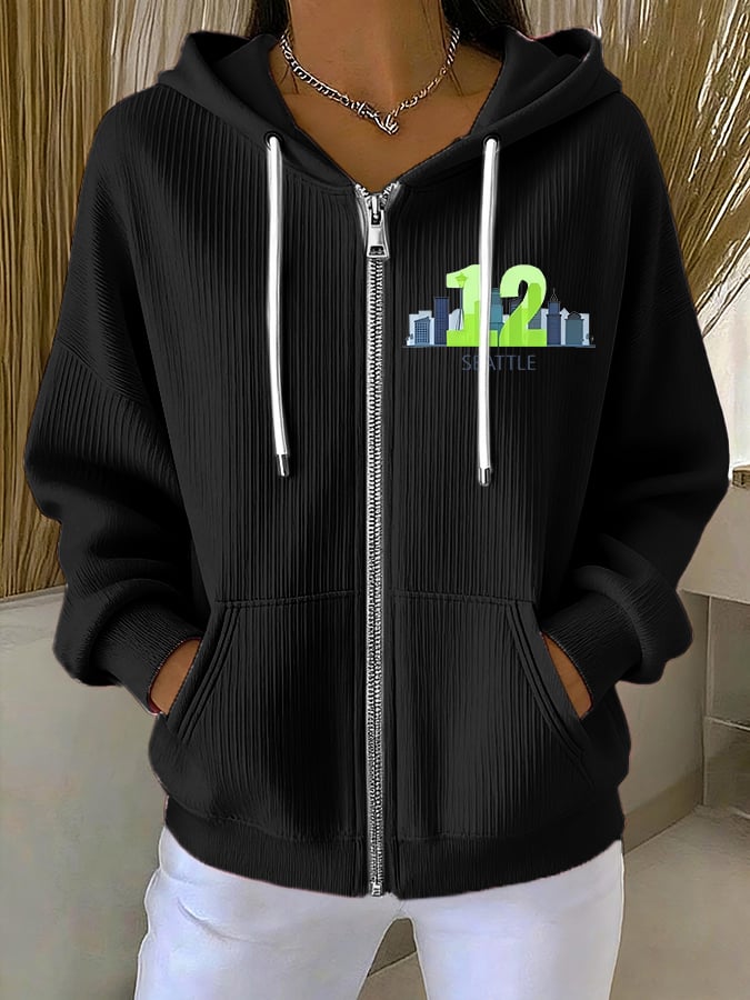 Women's Rugby Print Casual Hooded Sweatshirt Jacket