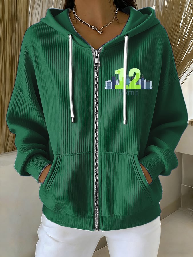 Women's Rugby Print Casual Hooded Sweatshirt Jacket