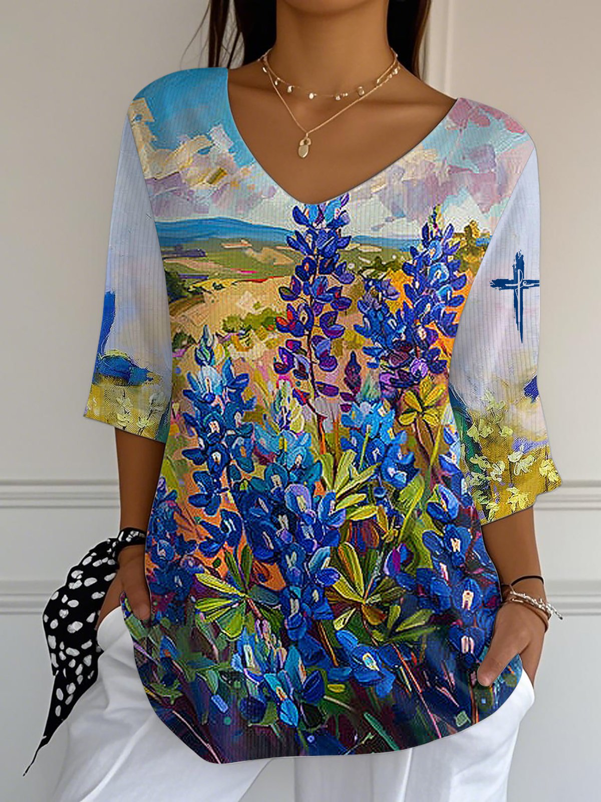 Women's Faith Autumn Oil Painting Style Blue Hat Flower V-Neck Print Long Striped Top