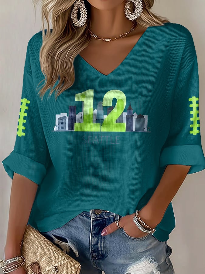 Women's Rugby Print Waffle Long Sleeve T-Shirt