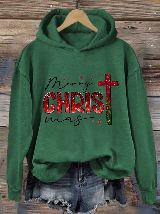 Women's Casual Christmas Art Cross Faith Print Hoodie