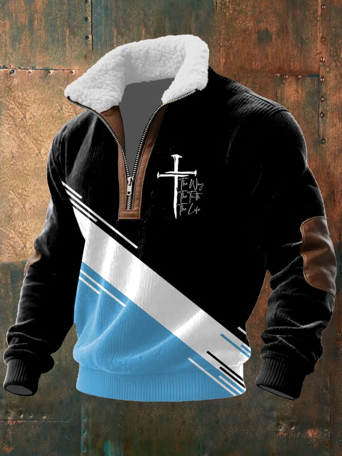 Men's Vintage Faith Design Printed Knit Fabric Zipper Fur Collar Long Sleeve Sweatshirt
