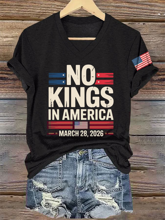 🔥Buy 3 Get 15% Off🔥V-Neck Retro No Kings In America March 28 2026 Print T-Shirt