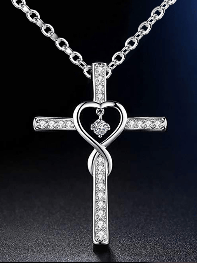Women's Cross Encrusted Zircon Pendant Love Shaped Birthstone Necklace