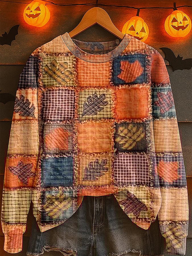 Women's Fall Patchwork Pumpkin Print Crew Neck Sweatshirt