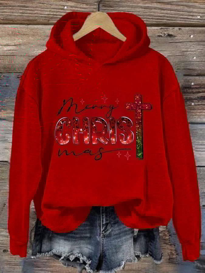 Women's Casual Christmas Art Cross Faith Print Hoodie