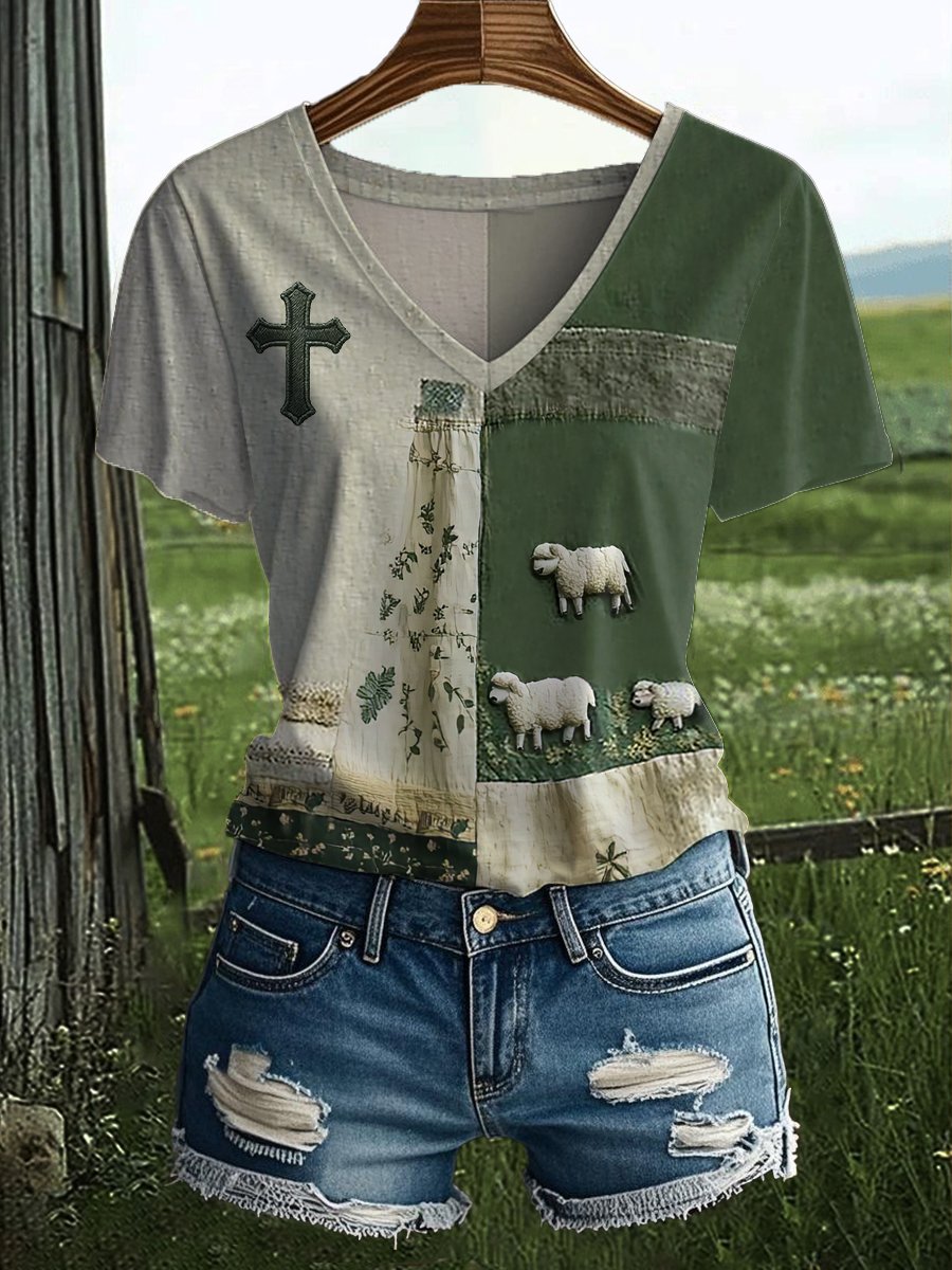 Women's Faith Sheep Print Short Sleeve Top