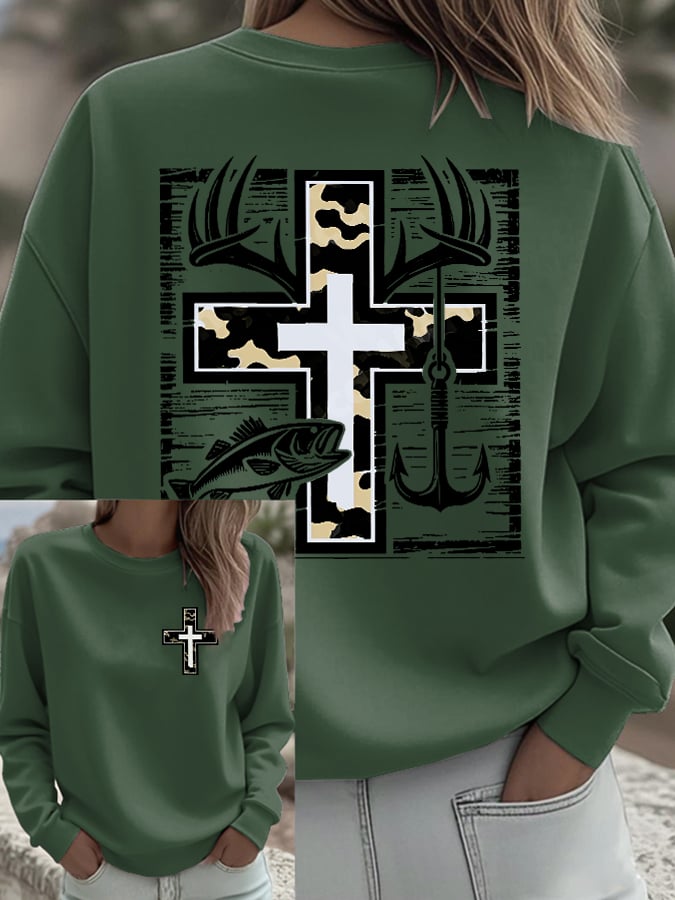 Women's Retro Faith Fishing Hunting Print Sweatshirt