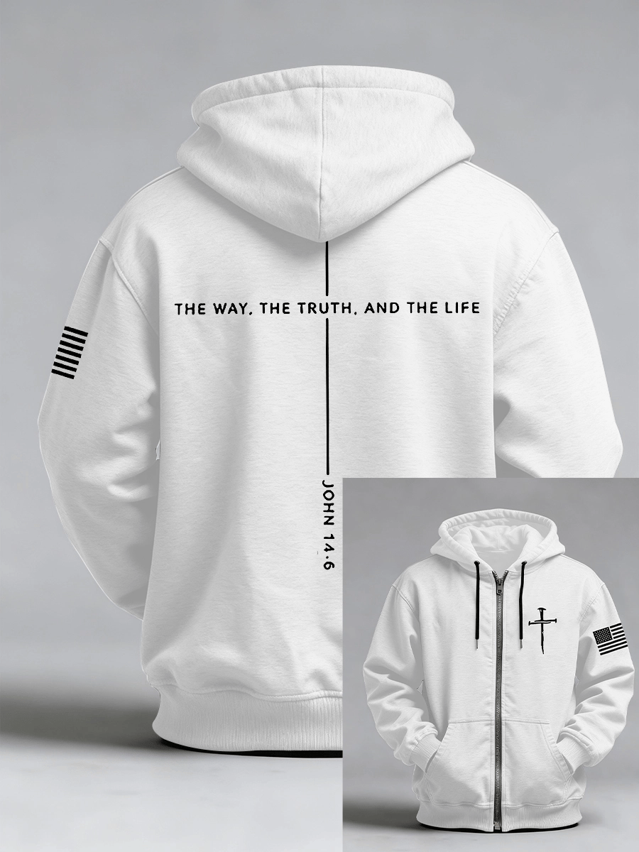 Men's Jesus The Way The Truth The Life John 14:6 Christian Cross Print Zip-Up Hoodie