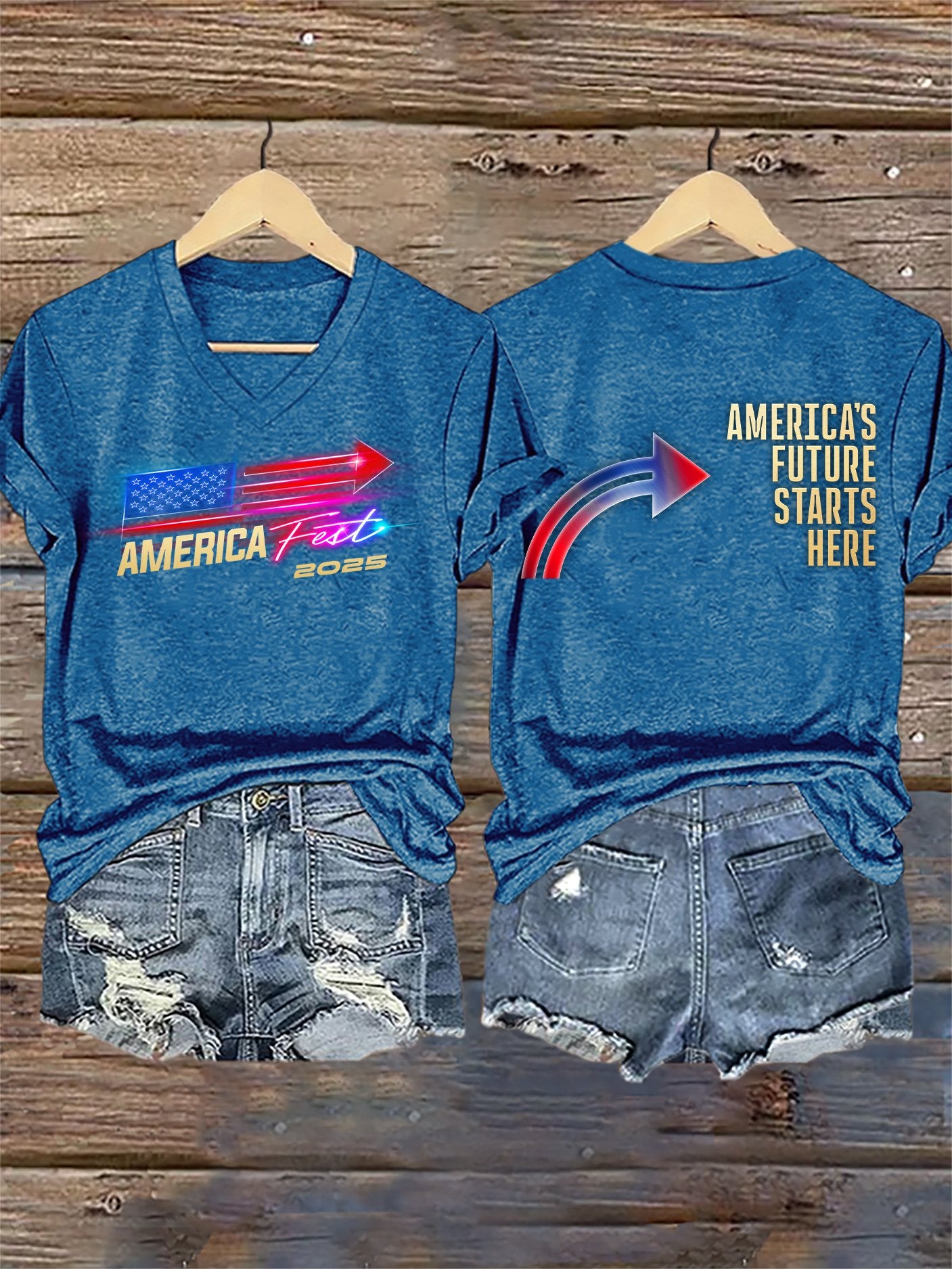 V-Neck Retro America Fest 2025 America's Future Starts Here Print T-Shirt