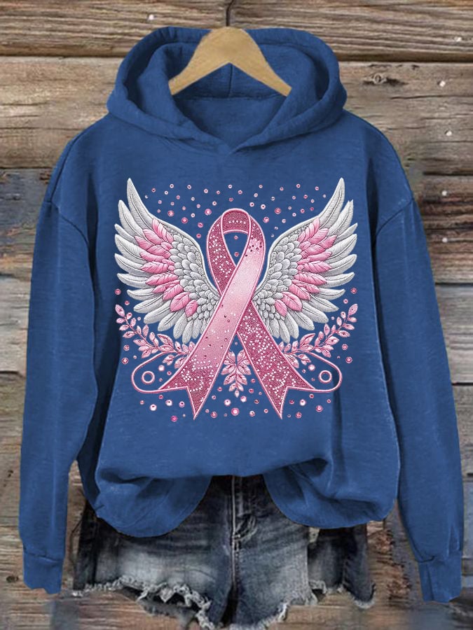 Women's Casual Pink Ribbon Wings Hoodie