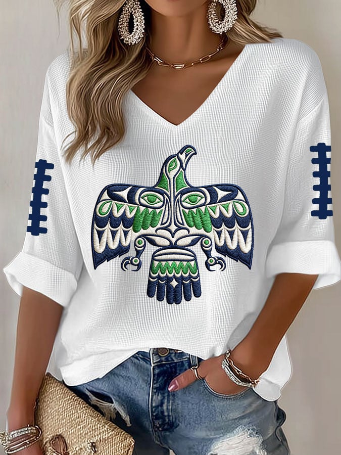 Women's Football Print Waffle Long Sleeve T-Shirt