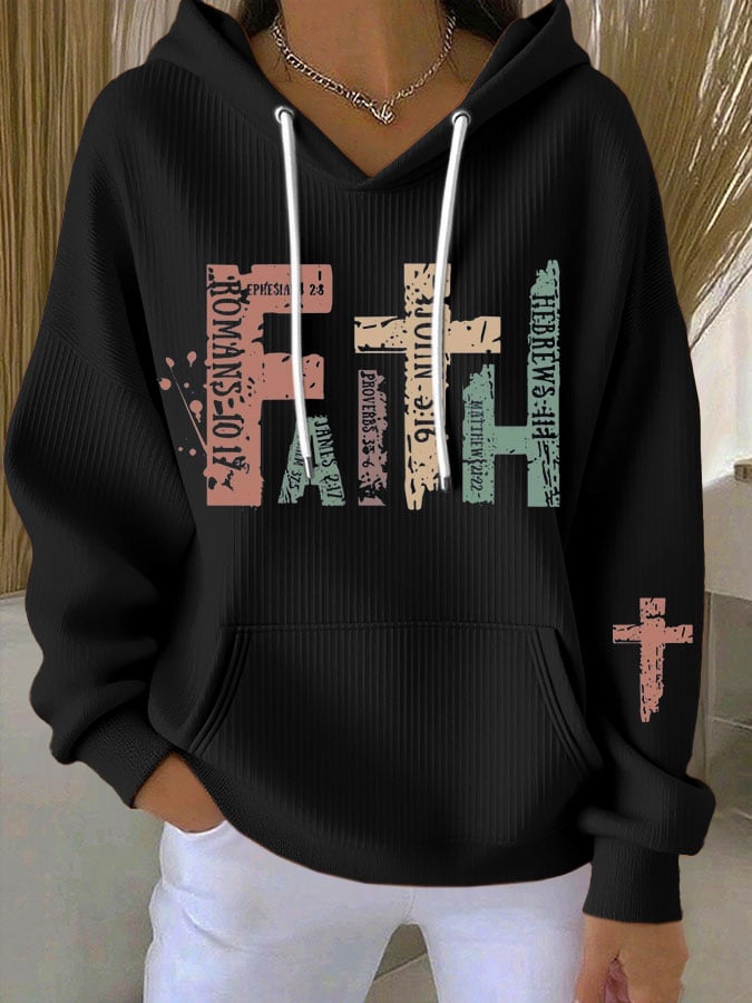 Women's Faith Cross Contrast Print Casual Hooded Sweatshirt
