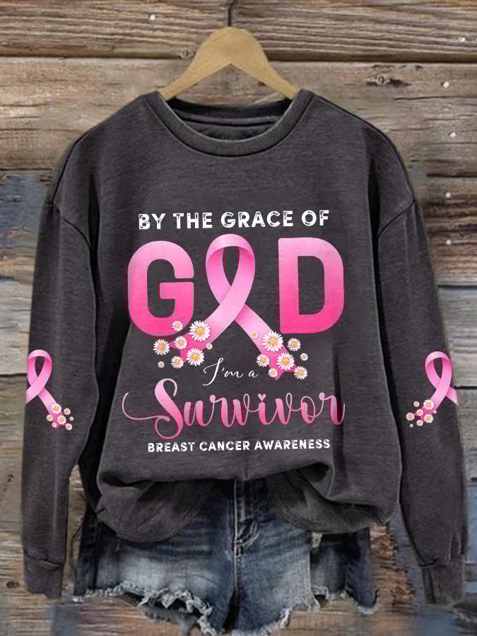 Retro Breast Cancer Awareness Pink Ribbon By The Grace Of God I'm A Survivor Print Sweatshirt