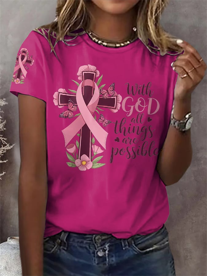 Retro Breast Cancer Awareness Pink Ribbon With God All Things Are Possible Print T-Shirt