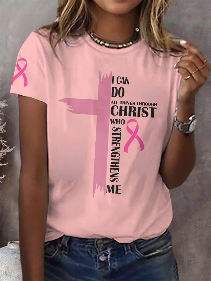 Retro Breast Cancer Awareness Faith Cross I Can Do All Things Through Christ Who Strengthens Me Print T-Shirt