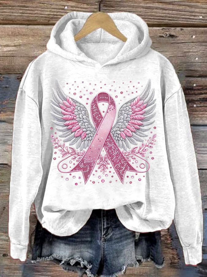 Women's Casual Pink Ribbon Wings Hoodie