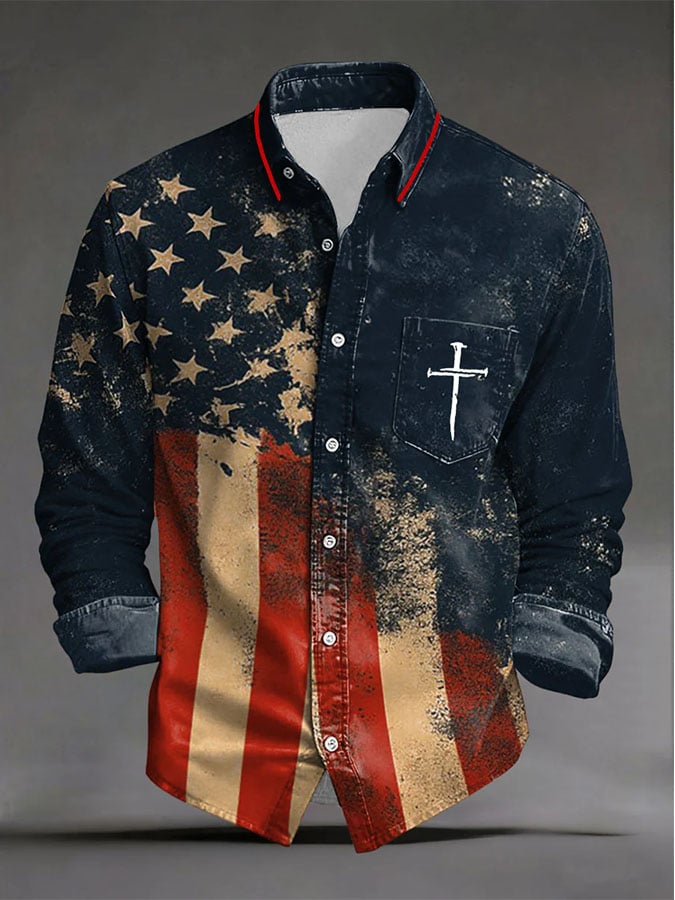 Men's Casual Faith Print Long-Sleeve Shirt