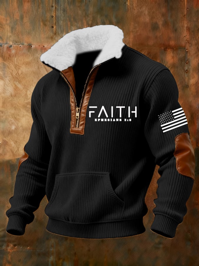 Men's Retro Faith Cross Print Zipper Fur Collar Long Sleeve Sweatshirt