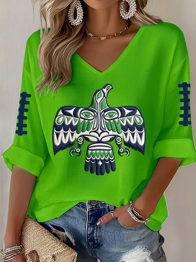 Women's Football Print Waffle Long Sleeve T-Shirt
