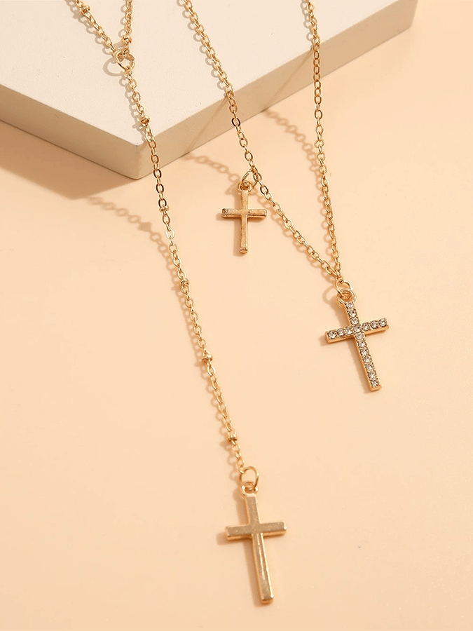 Stacked Multi-Layer Design Necklace With Rhinestone Cross