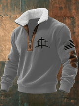 Men's Faith Print Knitted Fabric Zipper Fur Collar Long-Sleeved Sweatshirt