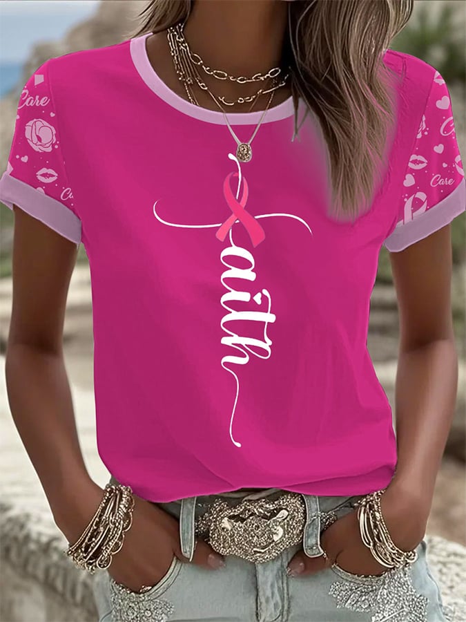 Women's Breast Cancer Awareness Print Round Neck T-Shirt